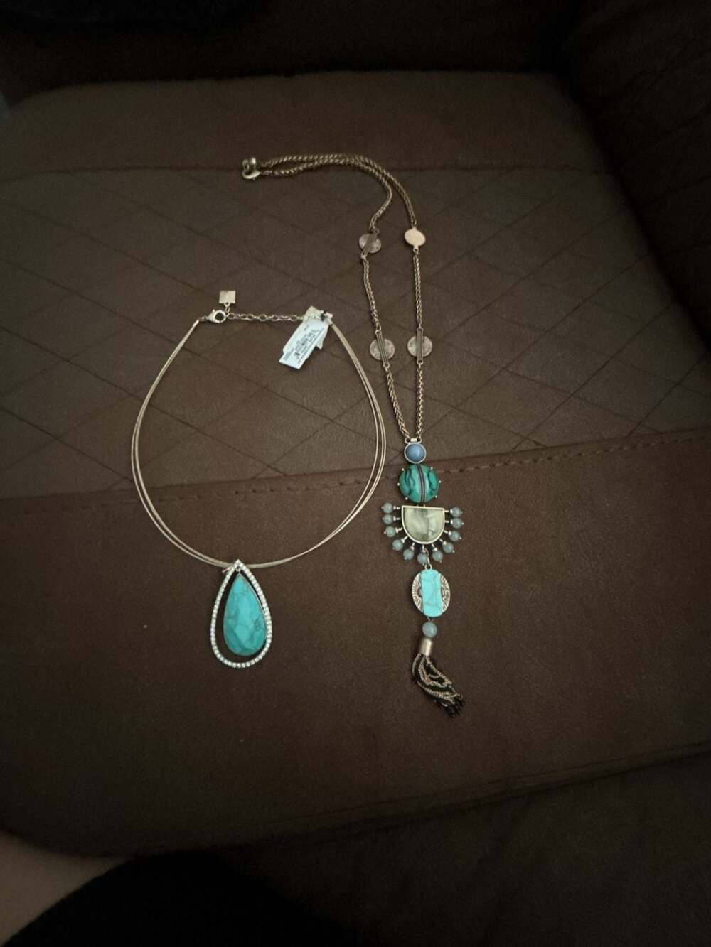 Lucky Brand Silver Tone Pear Shaped Large Pendant Necklace Turquoise Tassel Set